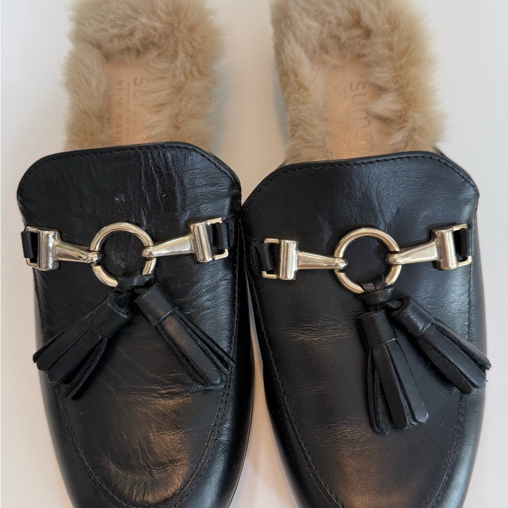 Faux-Fur Lined Black Leather Tassel Loafers with Gold Horsebit